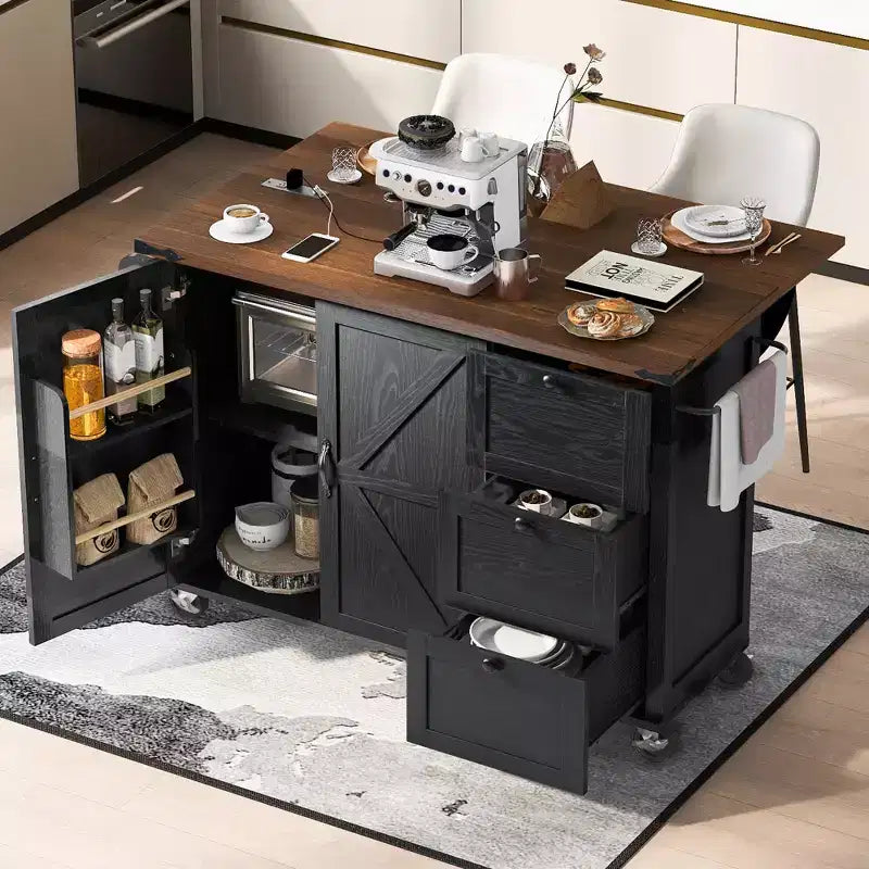 Isola da cucina mobile Rustico 54,5" con presa di corrente, carrello da cucina con ripiano interno, anta a ribalta, portaspezie