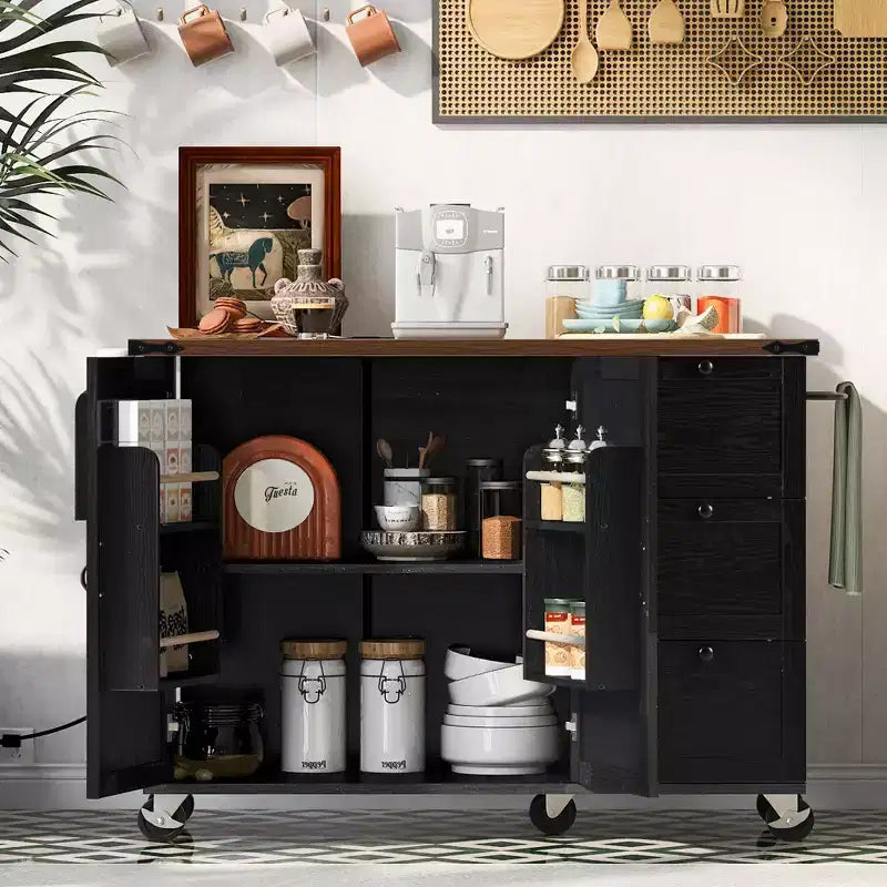 Isola da cucina mobile Rustico 54,5" con presa di corrente, carrello da cucina con ripiano interno, anta a ribalta, portaspezie