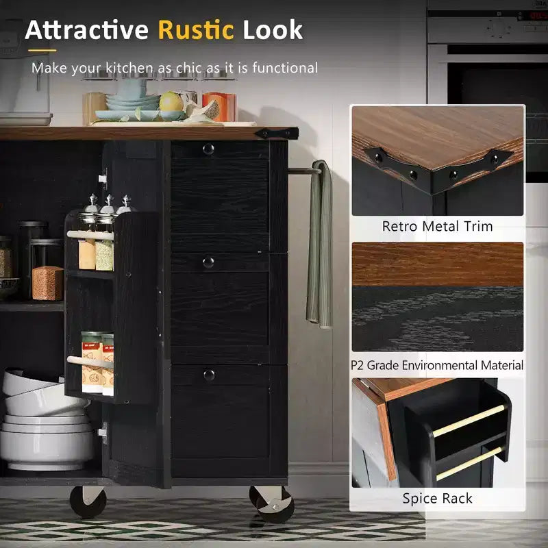 Isola da cucina mobile Rustico 54,5" con presa di corrente, carrello da cucina con ripiano interno, anta a ribalta, portaspezie