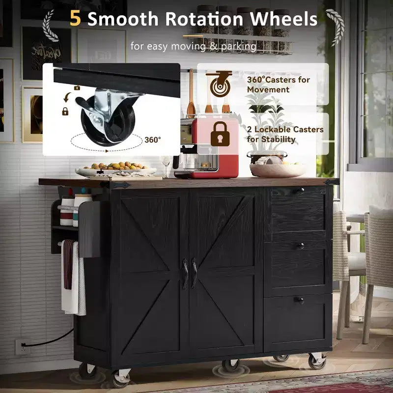 Isola da cucina mobile Rustico 54,5" con presa di corrente, carrello da cucina con ripiano interno, anta a ribalta, portaspezie