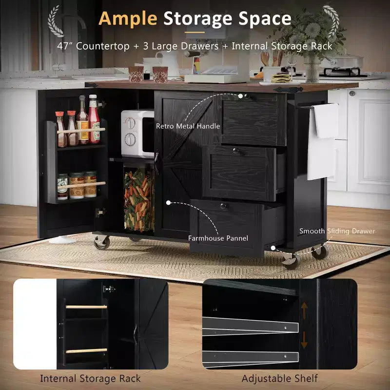 Isola da cucina mobile Rustico 54,5" con presa di corrente, carrello da cucina con ripiano interno, anta a ribalta, portaspezie