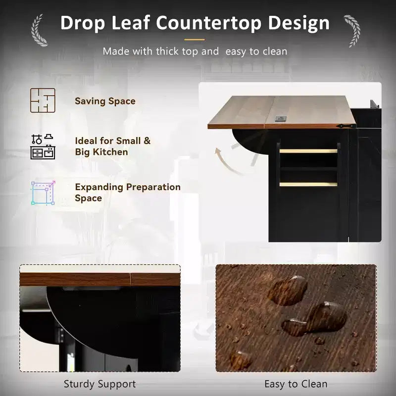 Isola da cucina mobile Rustico 54,5" con presa di corrente, carrello da cucina con ripiano interno, anta a ribalta, portaspezie