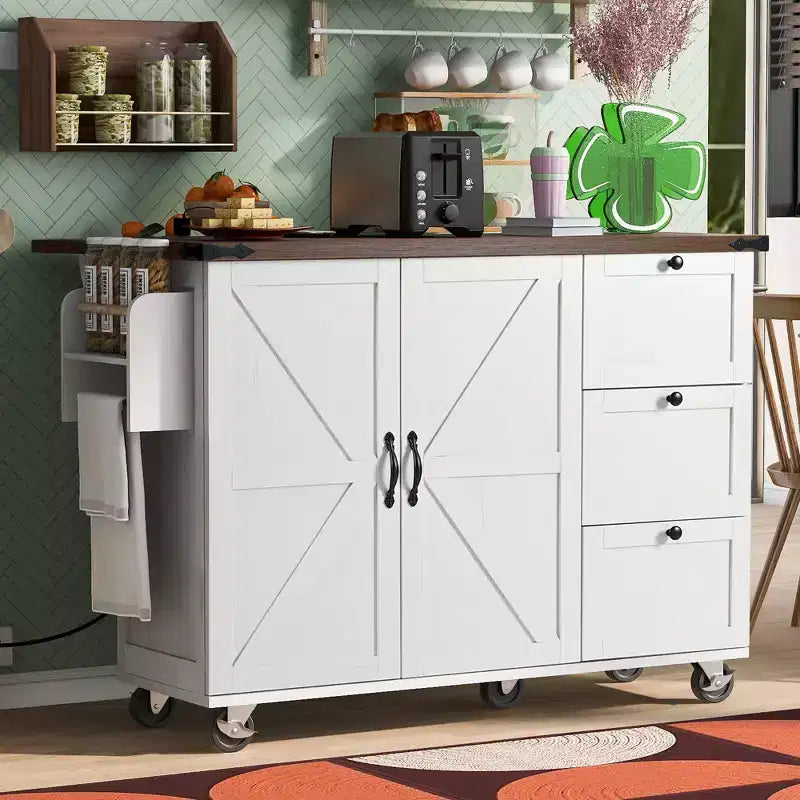 Isola da cucina mobile Rustico 54,5" con presa di corrente, carrello da cucina con ripiano interno, anta a ribalta, portaspezie