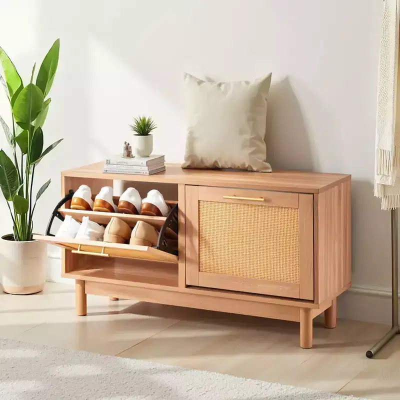 Panca scarpiera da ingresso, 100 x 30 x 53 cm, simil-rattan, con 2 cassetti a ribalta, capacità 136 kg, con 4 scomparti, marrone