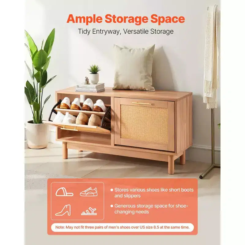 Panca scarpiera da ingresso, 100 x 30 x 53 cm, simil-rattan, con 2 cassetti a ribalta, capacità 136 kg, con 4 scomparti, marrone