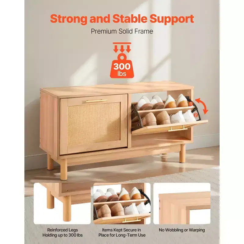 Panca scarpiera da ingresso, 100 x 30 x 53 cm, simil-rattan, con 2 cassetti a ribalta, capacità 136 kg, con 4 scomparti, marrone