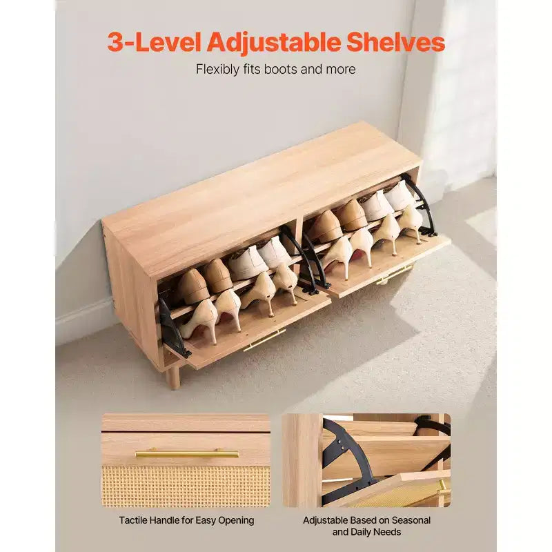 Panca scarpiera da ingresso, 100 x 30 x 53 cm, simil-rattan, con 2 cassetti a ribalta, capacità 136 kg, con 4 scomparti, marrone