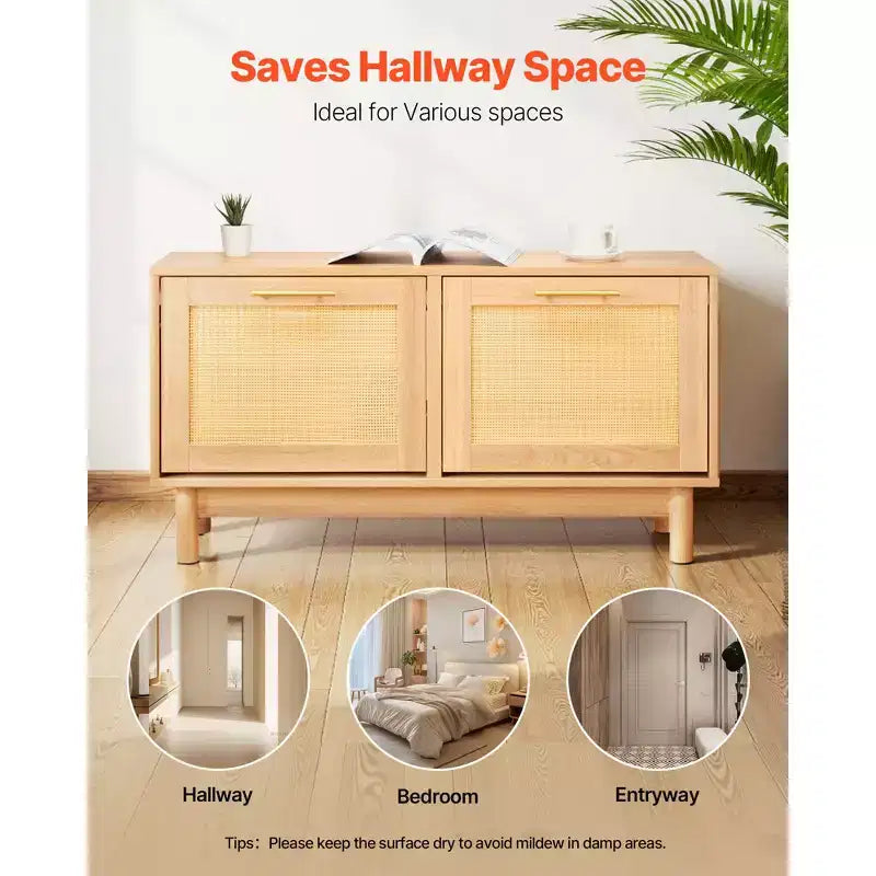 Panca scarpiera da ingresso, 100 x 30 x 53 cm, simil-rattan, con 2 cassetti a ribalta, capacità 136 kg, con 4 scomparti, marrone