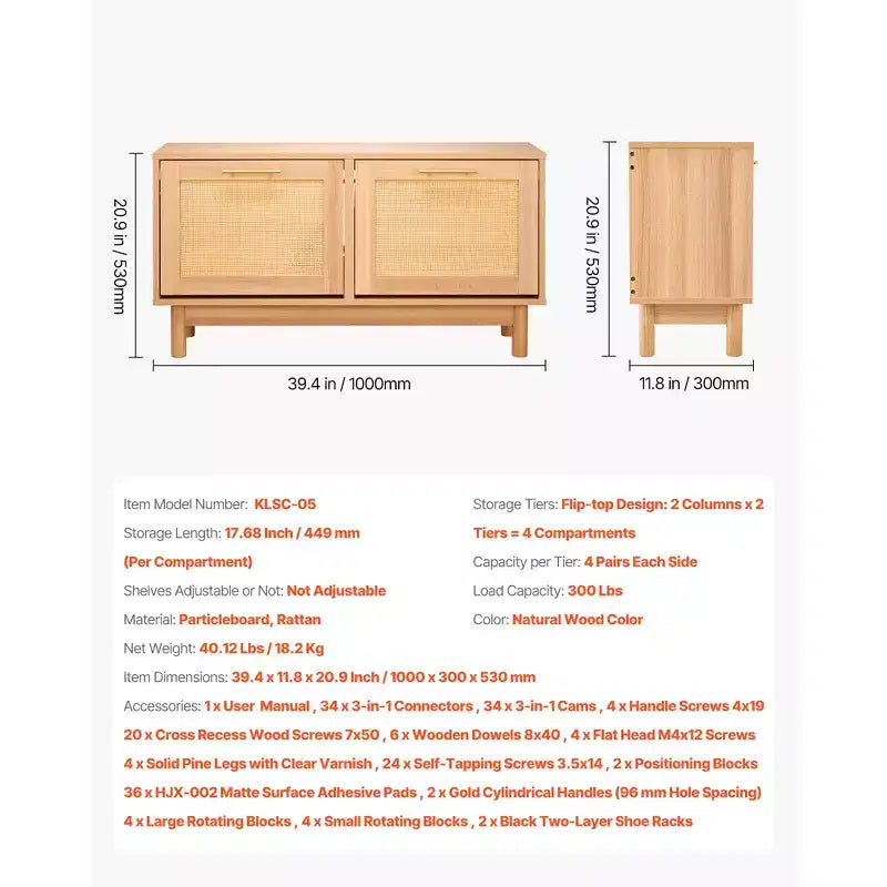 Panca scarpiera da ingresso, 100 x 30 x 53 cm, simil-rattan, con 2 cassetti a ribalta, capacità 136 kg, con 4 scomparti, marrone