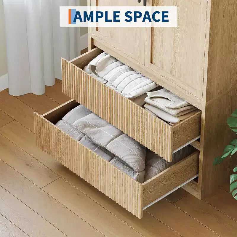 Armadio Guardaroba in Legno Naturale con Ante in Vetro - 2 Cassetti e Asta Appendiabiti - 80L x 167.5A cm - Armadio Indipendente per Camera da Letto