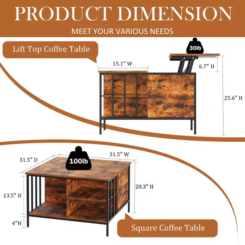 Tavolino da caffè con coperchio sollevabile Farmhouse da 31,5 pollici con altezza regolabile, scomparto nascosto e 3 ripiani per soggiorno