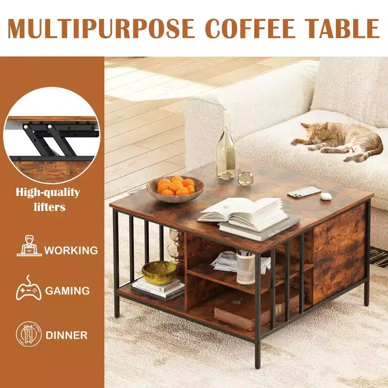 Tavolino da caffè con coperchio sollevabile Farmhouse da 31,5 pollici con altezza regolabile, scomparto nascosto e 3 ripiani per soggiorno