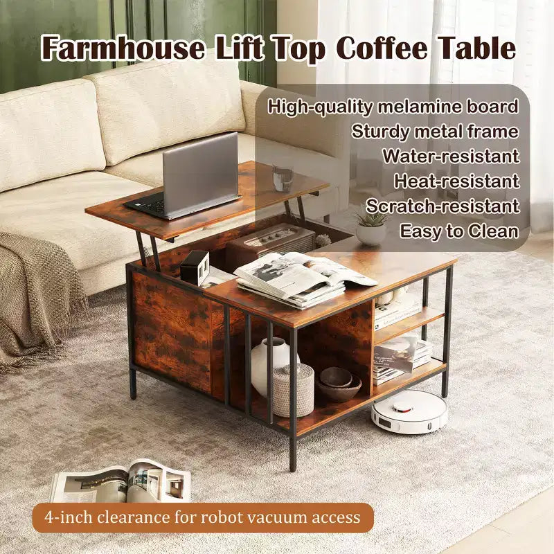 Tavolino da caffè con coperchio sollevabile Farmhouse da 31,5 pollici con altezza regolabile, scomparto nascosto e 3 ripiani per soggiorno