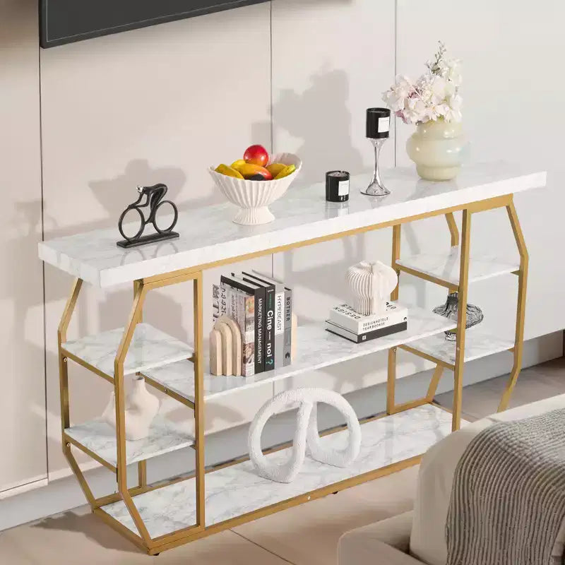 Tavolino Consolle in Marmo, Tavolo Consolle Moderno a 3 Ripiani per Open Storage, Tavolo Geometrico Dorato con Tubi in Ferro, Dispositivo Antiribaltamento, Oro