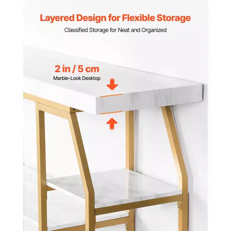 Tavolino Consolle in Marmo, Tavolo Consolle Moderno a 3 Ripiani per Open Storage, Tavolo Geometrico Dorato con Tubi in Ferro, Dispositivo Antiribaltamento, Oro