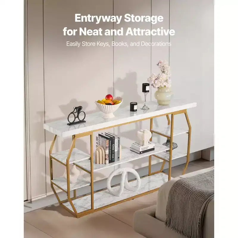 Tavolino Consolle in Marmo, Tavolo Consolle Moderno a 3 Ripiani per Open Storage, Tavolo Geometrico Dorato con Tubi in Ferro, Dispositivo Antiribaltamento, Oro