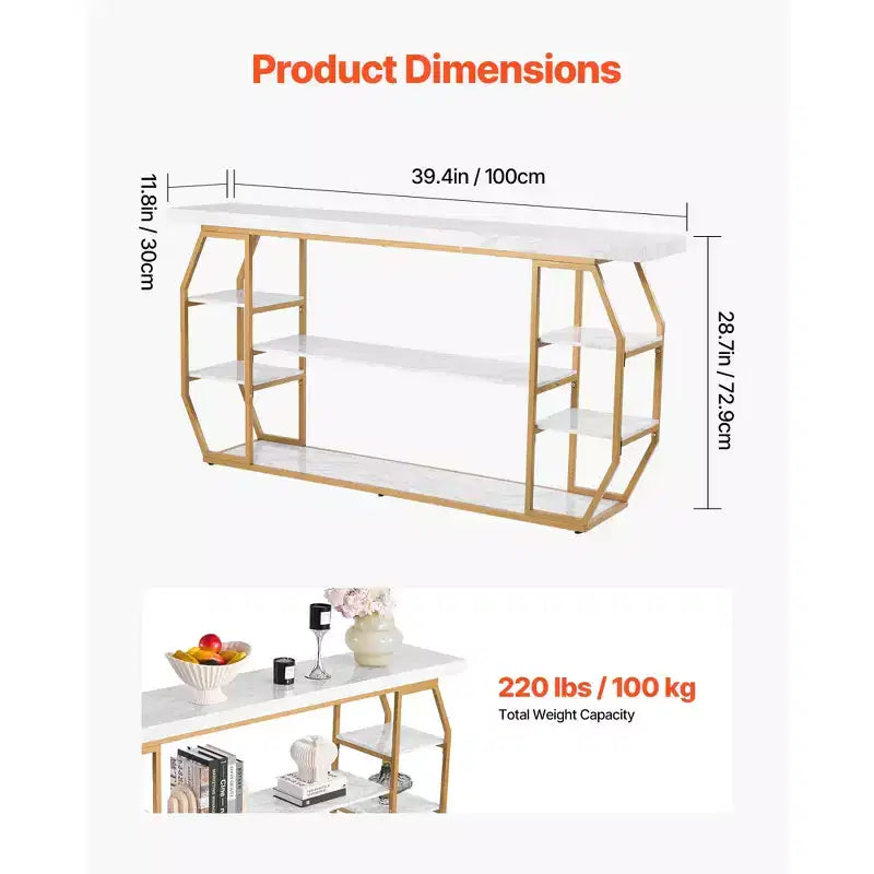 Tavolino Consolle in Marmo, Tavolo Consolle Moderno a 3 Ripiani per Open Storage, Tavolo Geometrico Dorato con Tubi in Ferro, Dispositivo Antiribaltamento, Oro