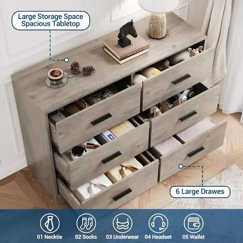 Cassettiera a 6 cassetti, mobile moderno con maniglie in metallo, porta TV in legno e contenitore per camera da letto, soggiorno