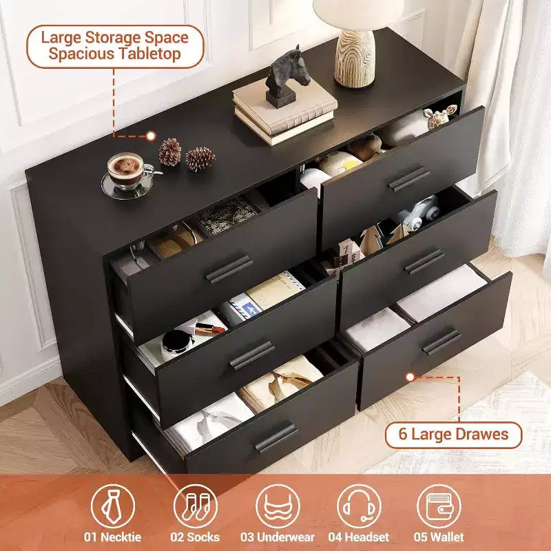 Cassettiera a 6 cassetti, mobile moderno con maniglie in metallo, porta TV in legno e contenitore per camera da letto, soggiorno