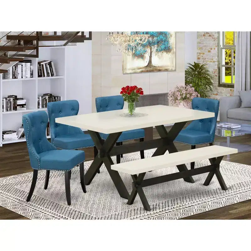 Tavolo da pranzo Belmont a 6 pezzi - 4 sedie da pranzo con tavolo da pranzo rettangolare e panca da pranzo - Finitura lino bianco e nero
