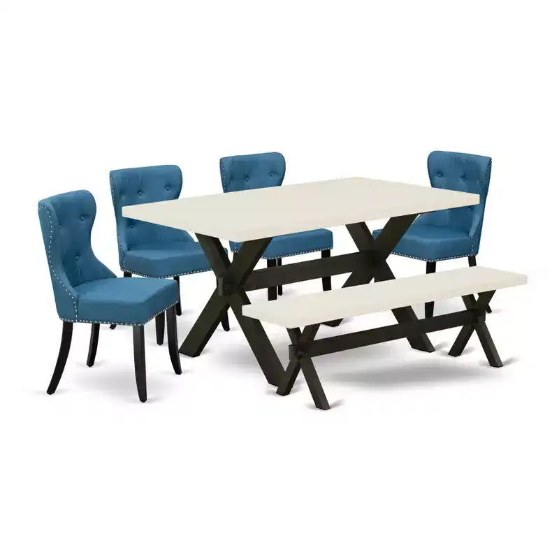 Tavolo da pranzo Belmont a 6 pezzi - 4 sedie da pranzo con tavolo da pranzo rettangolare e panca da pranzo - Finitura lino bianco e nero