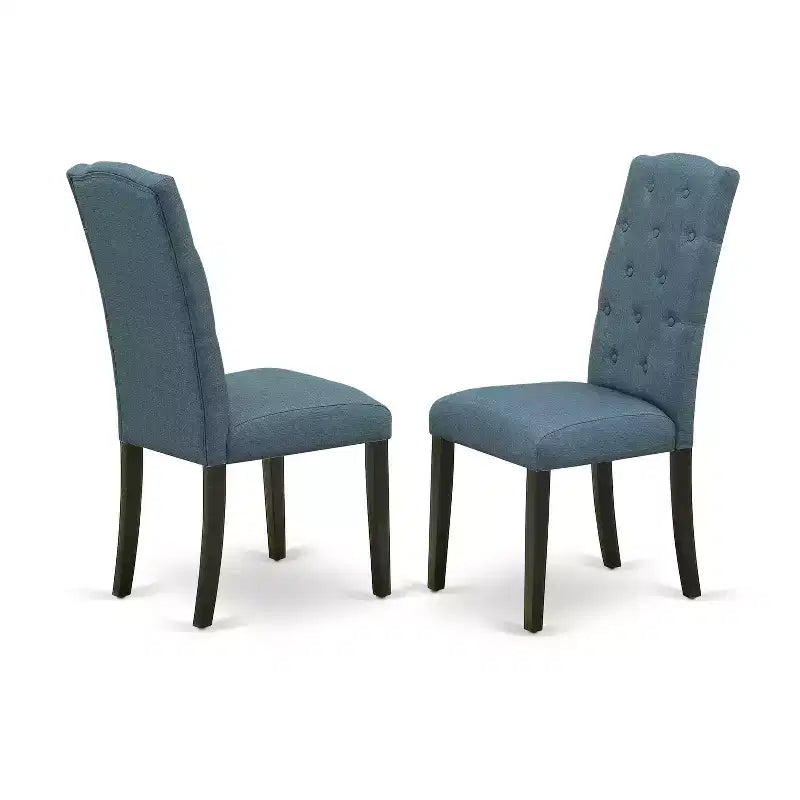 Set da pranzo Belmont da 7 pezzi include un tavolo rettangolare da cucina con prolunga a farfalla e sei sedie Parson con tessuto blu, finitura nera