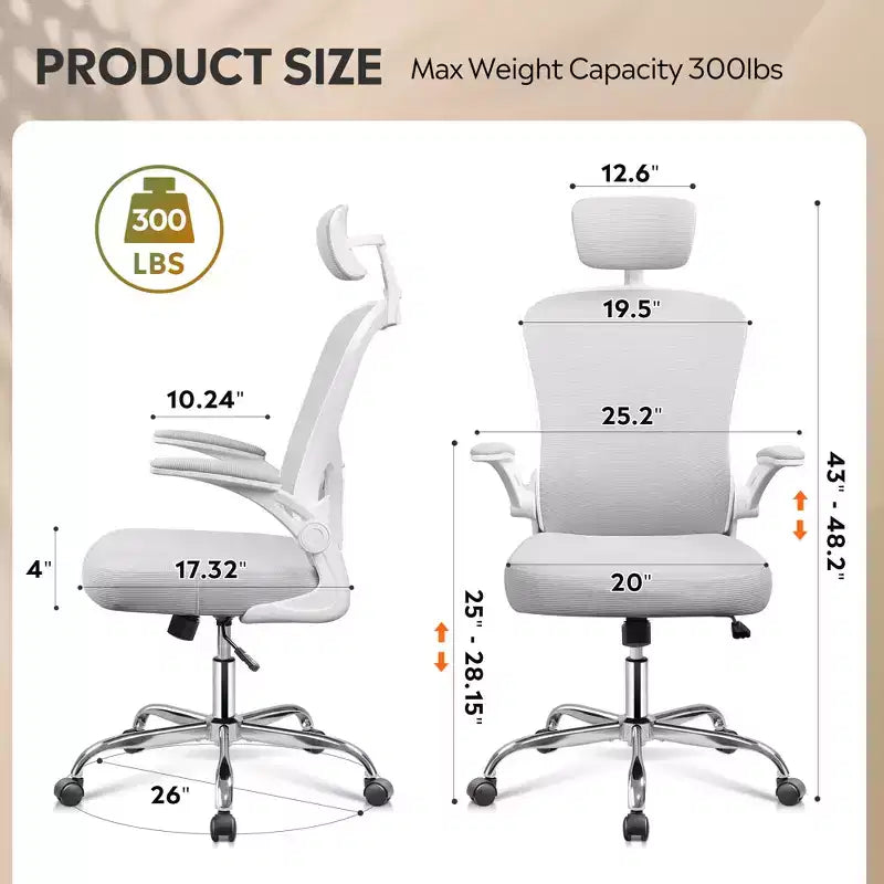 Sedia da ufficio con schienale alto in rete, sedia ergonomica da scrivania con braccioli ribaltabili, poggiatesta e supporto lombare regolabili
