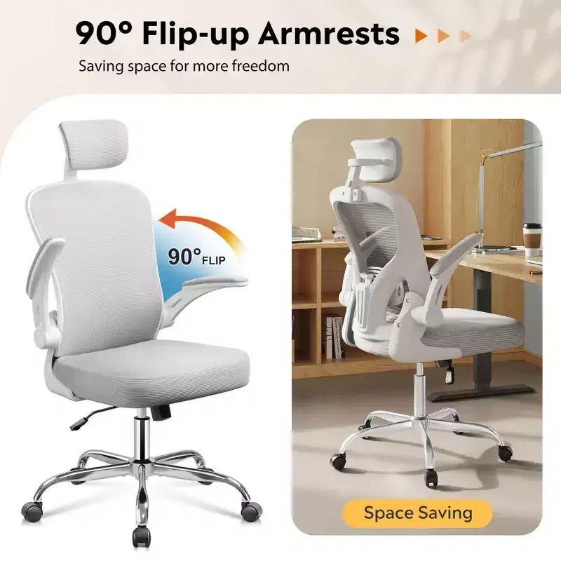 Sedia da ufficio con schienale alto in rete, sedia ergonomica da scrivania con braccioli ribaltabili, poggiatesta e supporto lombare regolabili
