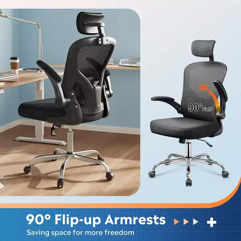 Sedia da ufficio con schienale alto in rete, sedia ergonomica da scrivania con braccioli ribaltabili, poggiatesta e supporto lombare regolabili