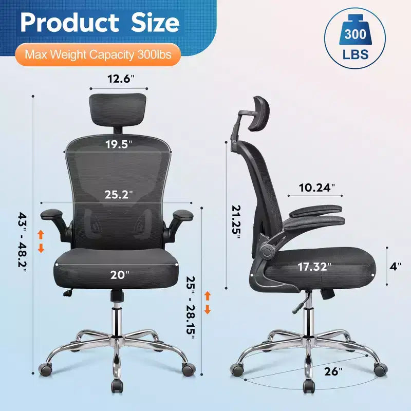 Sedia da ufficio con schienale alto in rete, sedia ergonomica da scrivania con braccioli ribaltabili, poggiatesta e supporto lombare regolabili