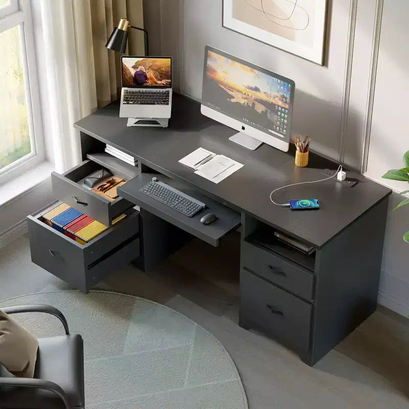 Scrivania da ufficio da 150 cm con stazione di ricarica e vassoio per tastiera, scrivania per computer con cassetti, scrivania direzionale moderna per ufficio domestico