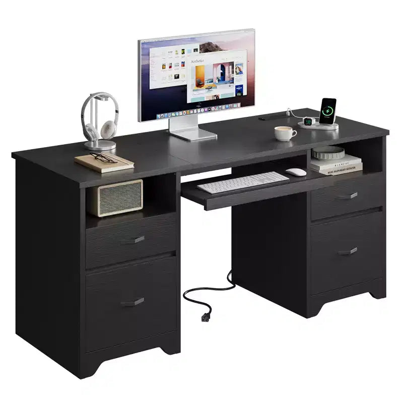 Scrivania da ufficio da 150 cm con stazione di ricarica e vassoio per tastiera, scrivania per computer con cassetti, scrivania direzionale moderna per ufficio domestico