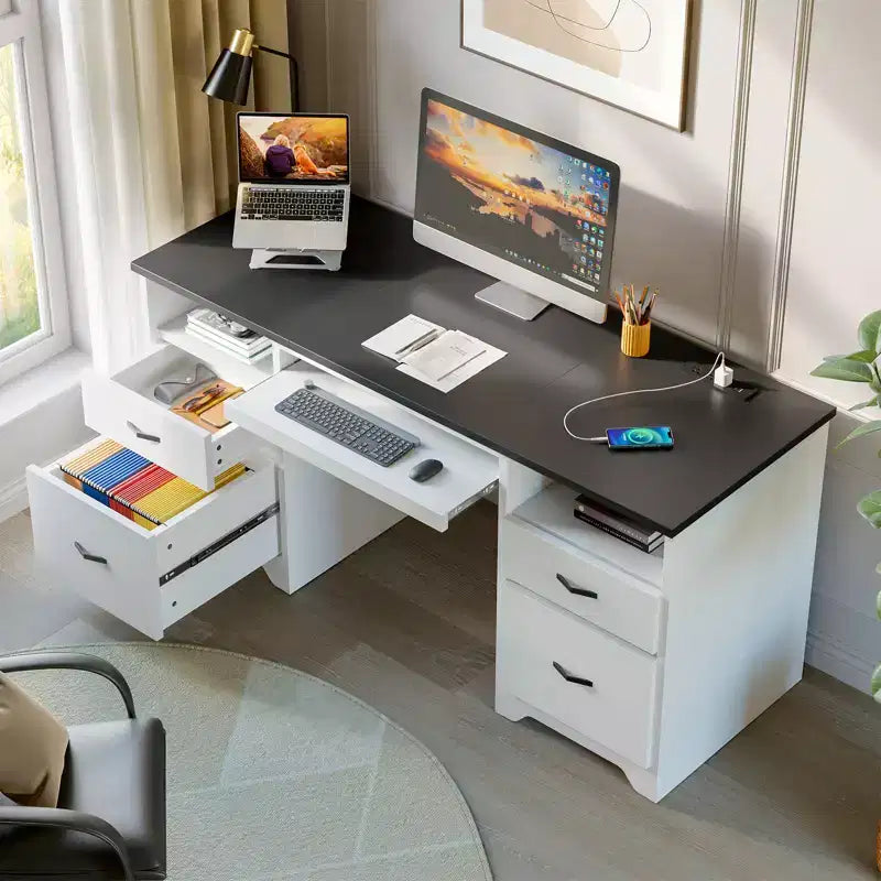 Scrivania da ufficio da 150 cm con stazione di ricarica e vassoio per tastiera, scrivania per computer con cassetti, scrivania direzionale moderna per ufficio domestico