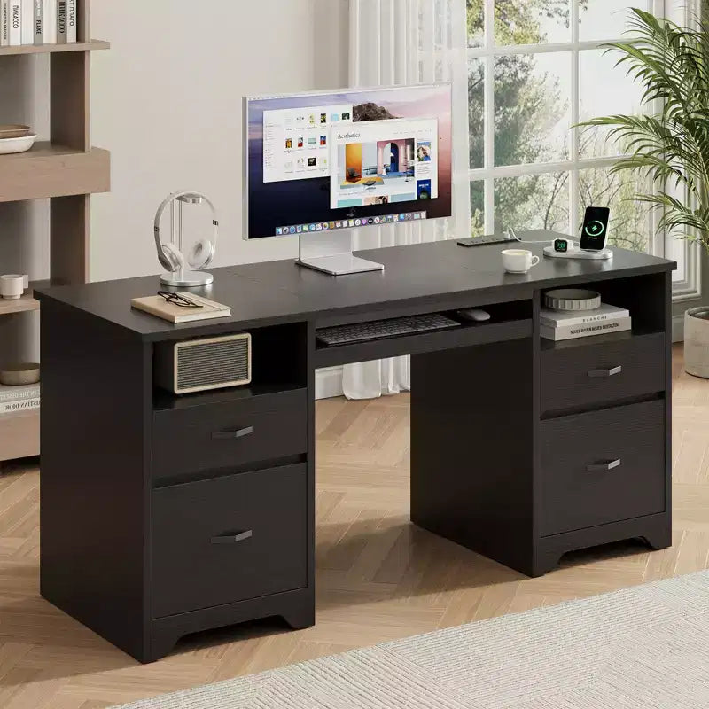 Scrivania da ufficio da 150 cm con stazione di ricarica e vassoio per tastiera, scrivania per computer con cassetti, scrivania direzionale moderna per ufficio domestico